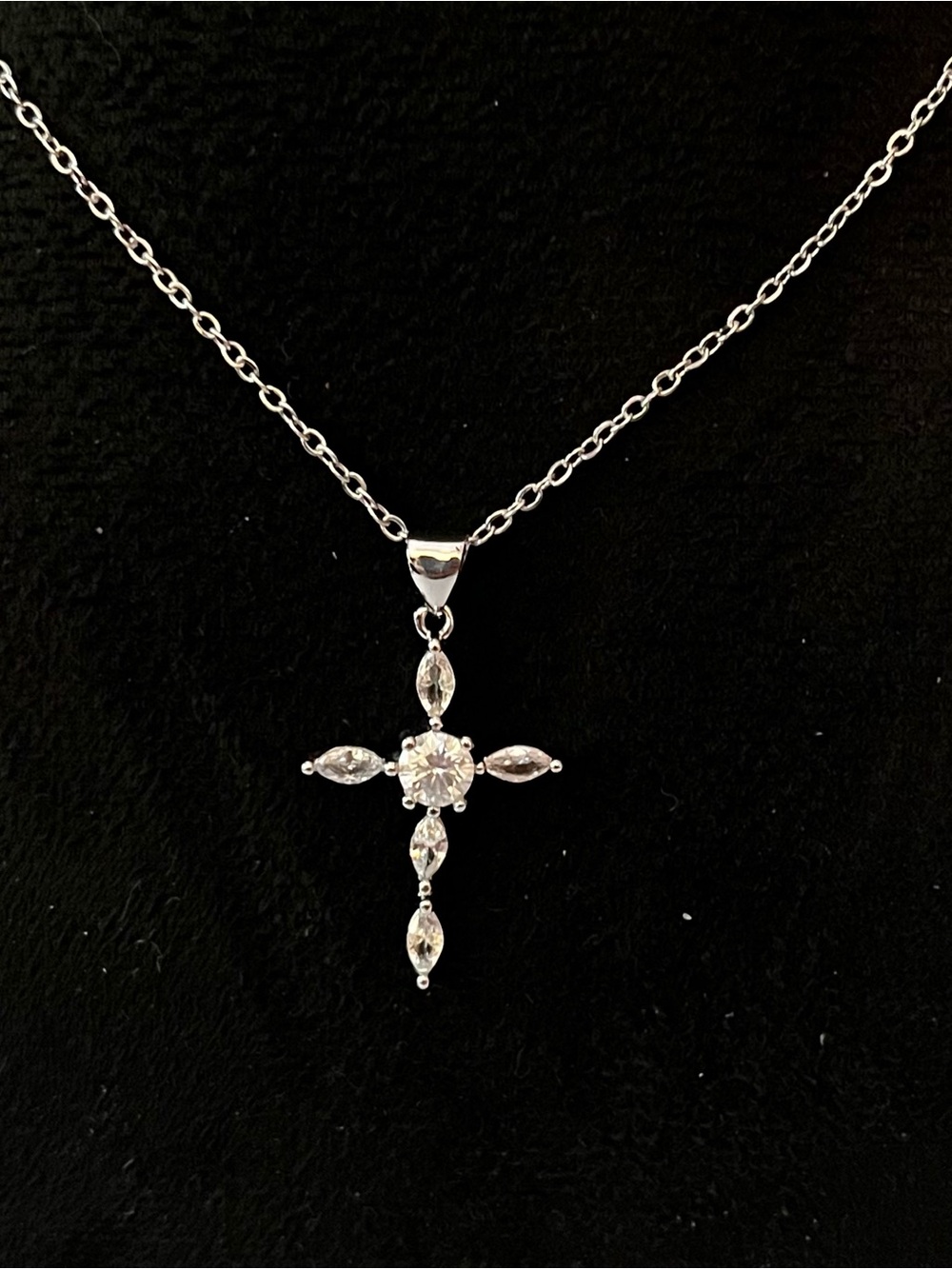 New GRA Certified Moissanite Marquise Cluster Cross Necklace 18" Silvertone